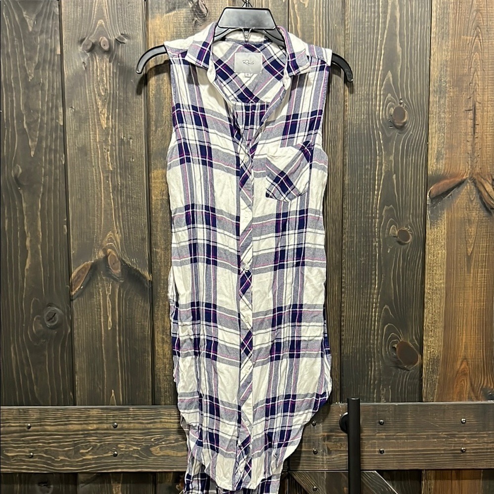 Rails Plaid Jordyn Tunic Top XS White Navy Orchid Button Up Lagenlook Resortwear